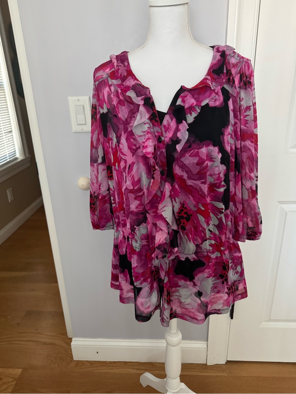 Elle Pink Floral Ruffle Front Blouse & Blank Tank